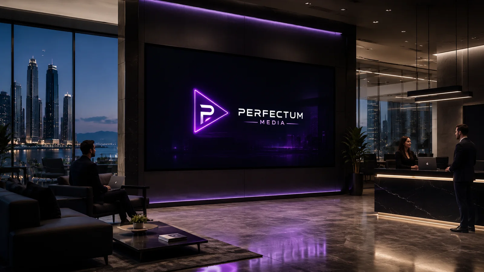 Demonstração visual premium da Perfectum Media em ambiente interno